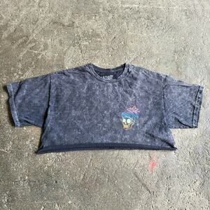 LADRFT Skull Aloha Cropped Shirt Womens L Gray Acid Wash Workout Beach Gym